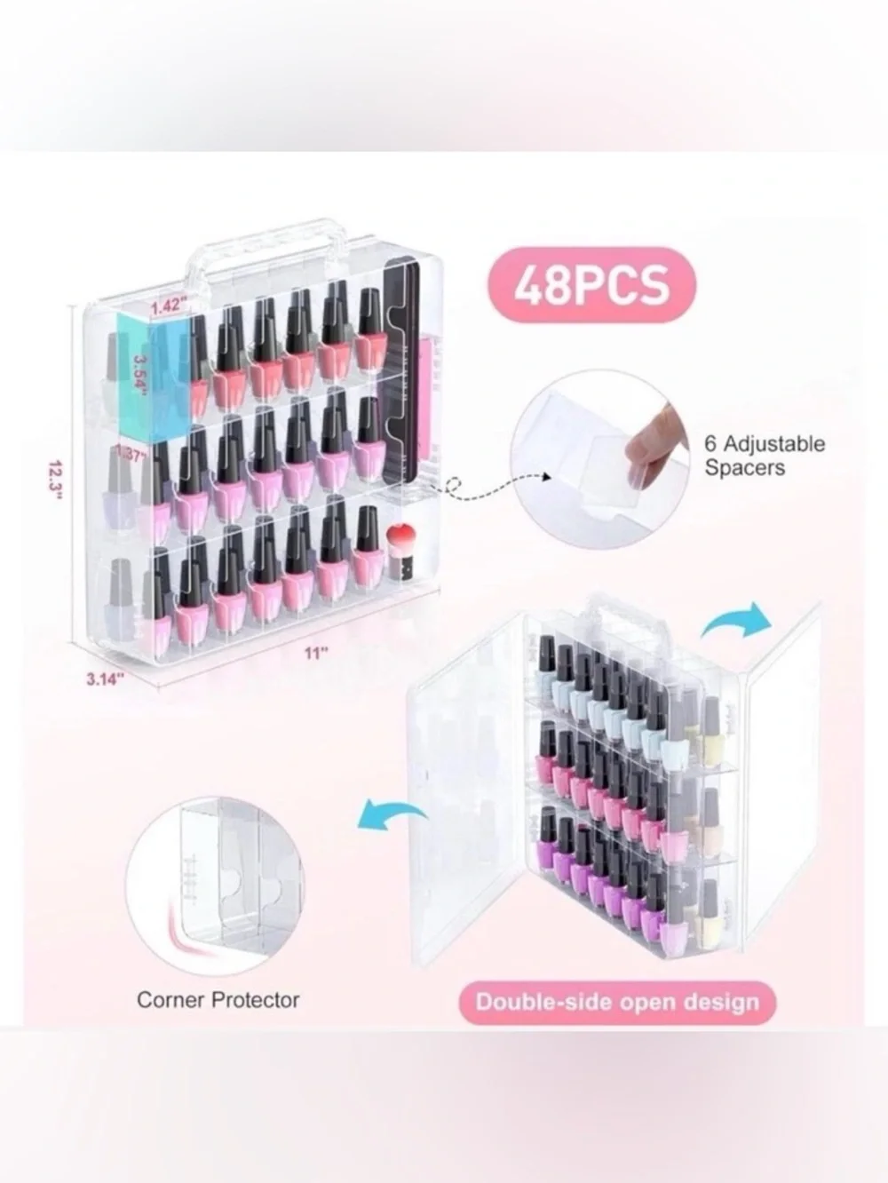 48 Bottle Nail Polish Organizer Case Clear Double-Sided Storage